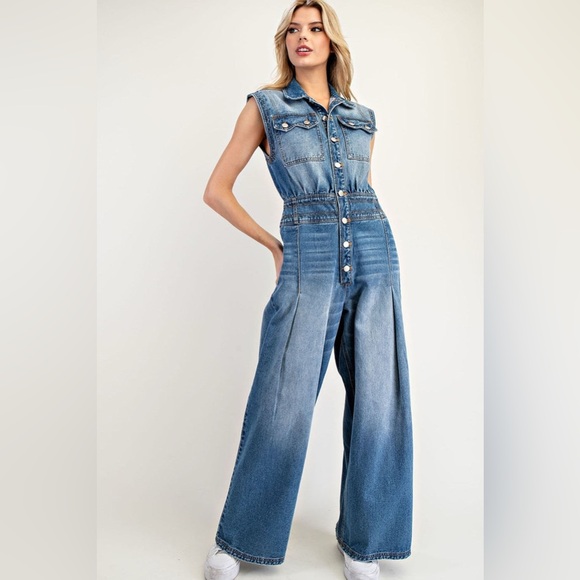 Snow Washed Wide Leg Button Down Denim Jumpsuit - eesome - Picture 9 of 9